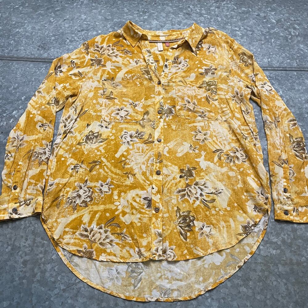 Anthropologie Pilcro Romy Batik Floral Button Down Shirt Large Yellow Blouse Top - Picture 2 of 11